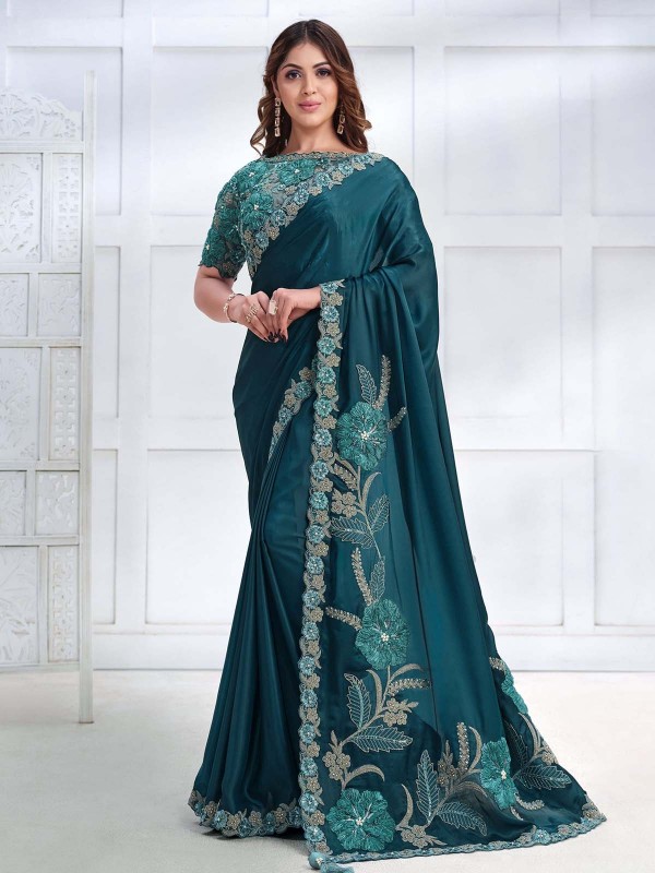 Peacock Blue Crepe Satin Silk Saree